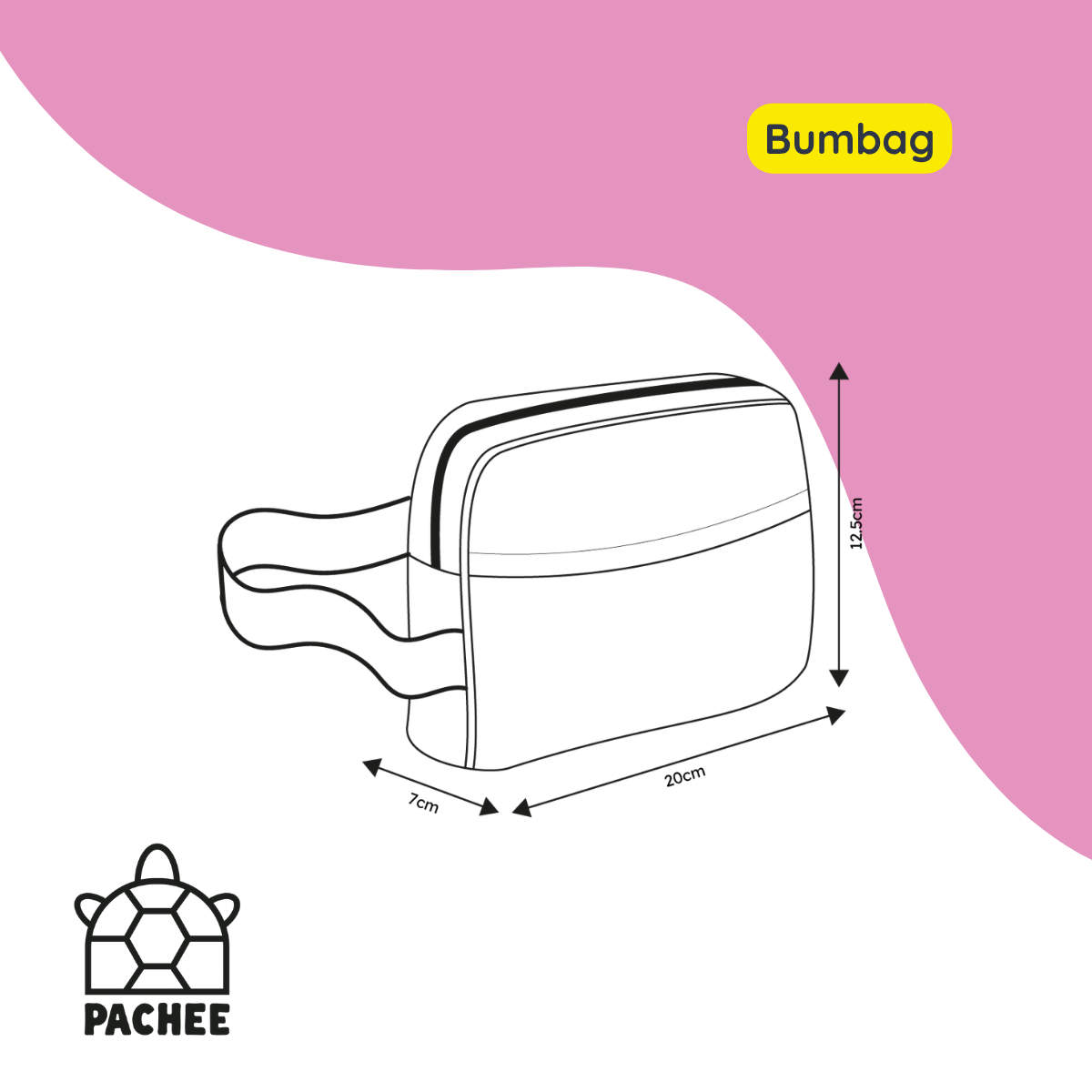 A white rectangular bumbag with a zip closure and side strap, shown as a simple line drawing with dimension arrows and labels (11cm, 20cm, 7cm) on a white background with pink abstract shapes. A yellow label says 'Bumbag' and the PACHEE logo appears at bottom left.