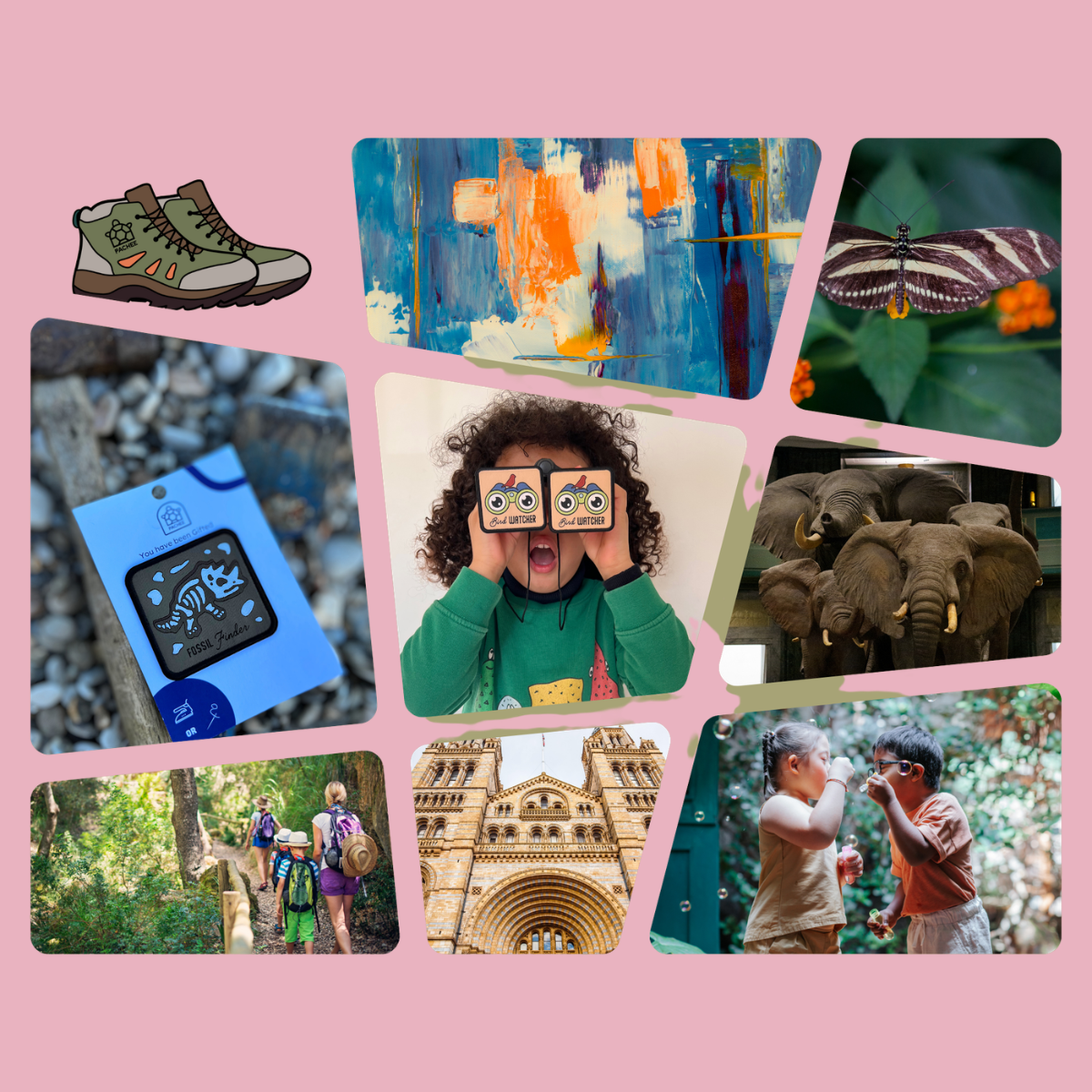 A collage of seven different product and lifestyle photos arranged on a pink background. The photos include a hiking boot, abstract wall art, a butterfly, a blue device in packaging, a child wearing cardboard eye goggles, elephants, a landscape photo, and two children outdoors.