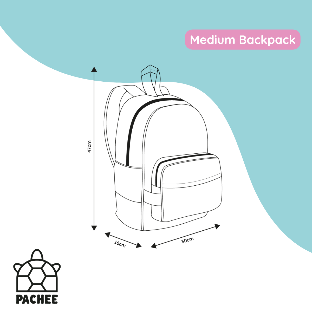 A line drawing of a medium backpack with dimension arrows showing 47 cm height, 14 cm width, and 30 cm depth, on a white background with a light blue abstract shape. The text 'Medium Backpack' appears in a pink label, and the PACHEE logo is shown at bottom left.