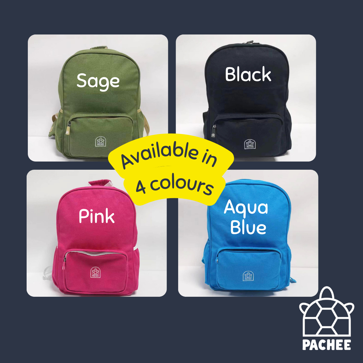 Four backpack color options arranged in a 2x2 grid on a dark blue background, with a yellow central banner reading 'Available in 4 colours.' The backpacks are labeled Sage green, Black, Pink, and Aqua Blue, each with a front zip pocket and the PACHEE logo near the bottom.