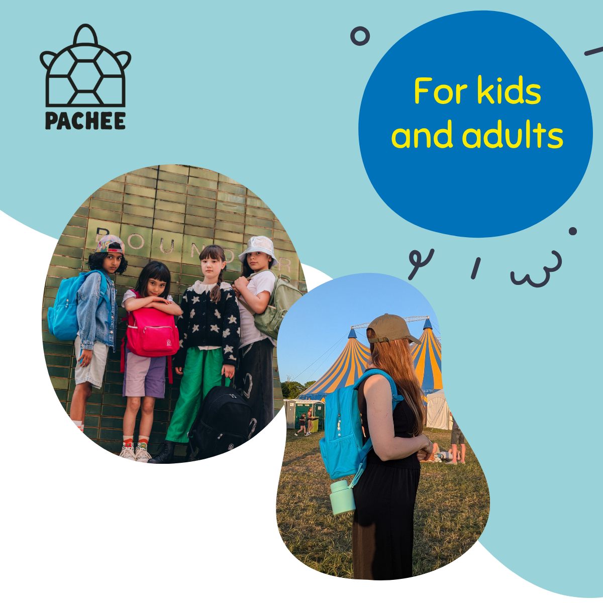 Promotional graphic for PACHEE featuring the brand logo, a blue circle with the text 'For kids and adults,' and two circular lifestyle photos showing people outdoors with backpacks.
