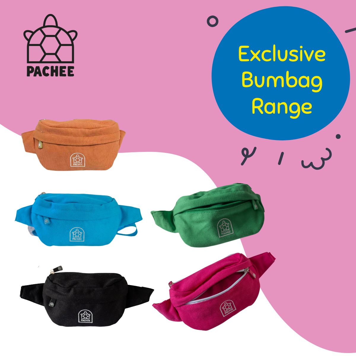 Six PACHEE fanny packs in orange, blue, green, and pink are displayed against a pink and white graphic background with a blue circle reading 'Exclusive Bumbag Range'.