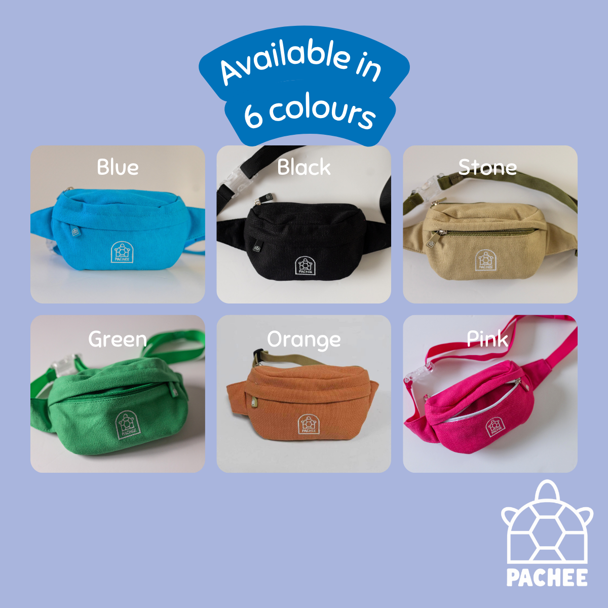 A color-options graphic for PACHEE waist bags showing six available colors: Blue, Black, Stone, Green, Orange, and Pink. Each color is represented by a small product photo inside a rounded white card, arranged in a grid on a light periwinkle background.