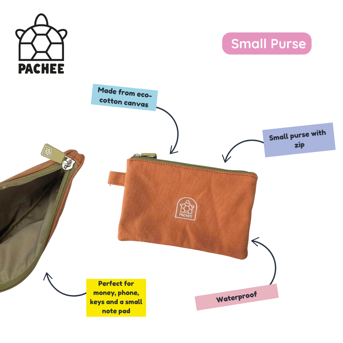 An orange-brown small zip pouch shown on a white background with callout labels and the PACHEE logo. The image includes text noting it is made from eco-cotton canvas, is a small zip purse, waterproof, and suitable for money, phone, keys, and a note pad.
