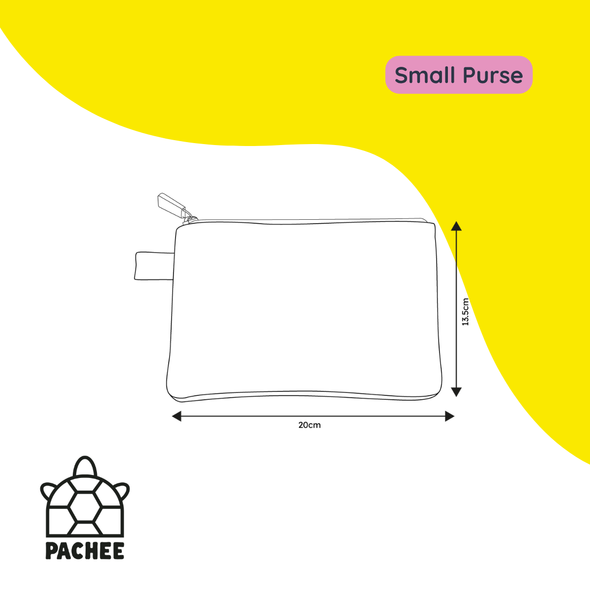 A simple line drawing of a small zippered pouch with dimension arrows and labels reading 20cm wide and 13.5cm tall, on a white background with a large yellow abstract shape.