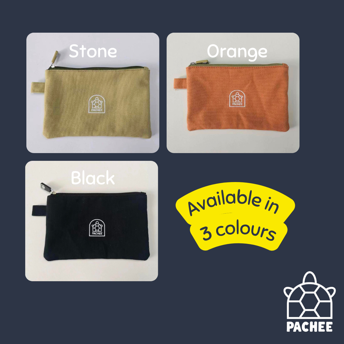Three small zip pouches shown in Stone, Orange, and Black, with a yellow badge reading 'Available in 3 colours' and the PACHEE logo at the bottom right.