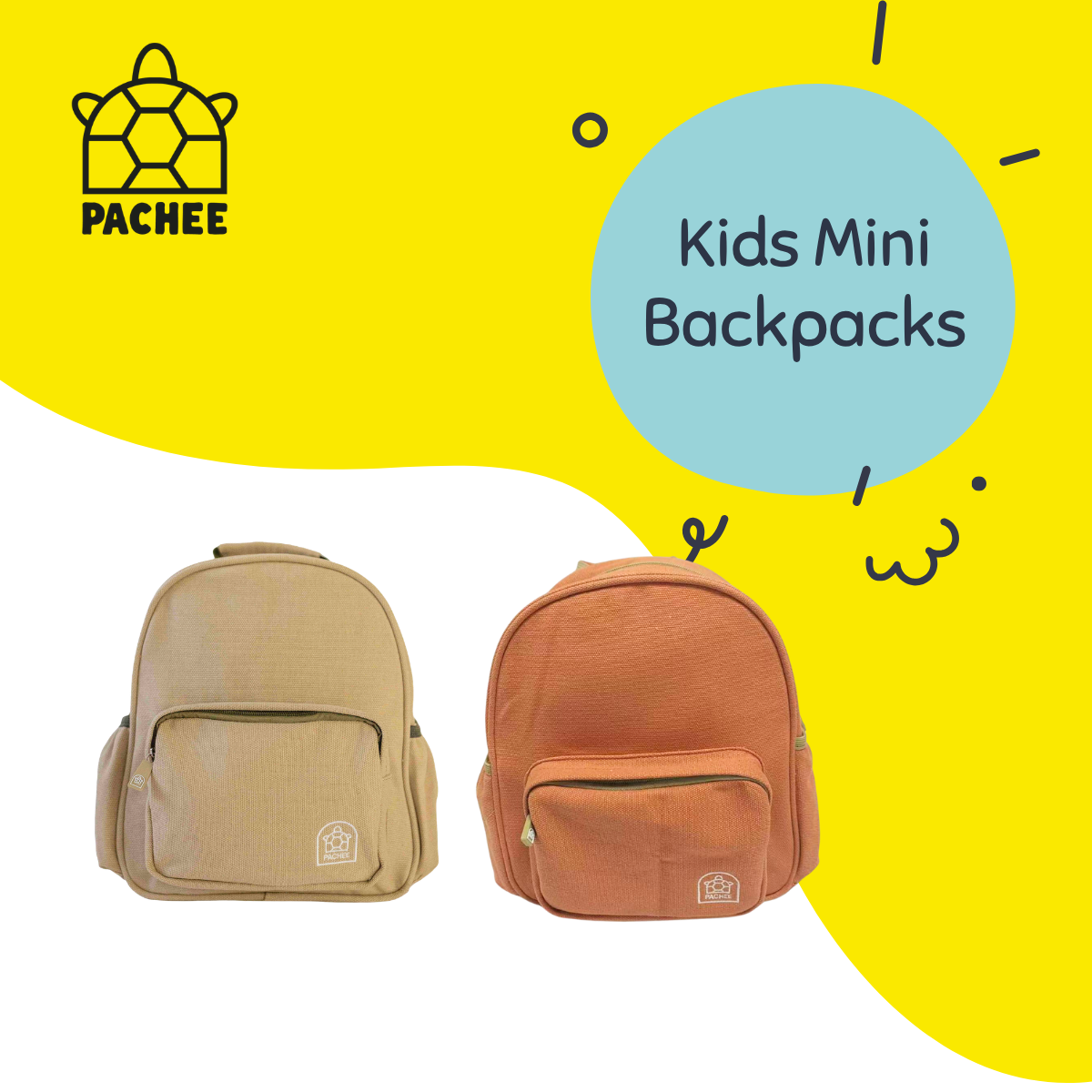 Two kids' mini backpacks shown against a bright yellow graphic background with a blue circle reading 'Kids Mini Backpacks' and the PACHEE logo. One backpack is beige and the other is terracotta orange.