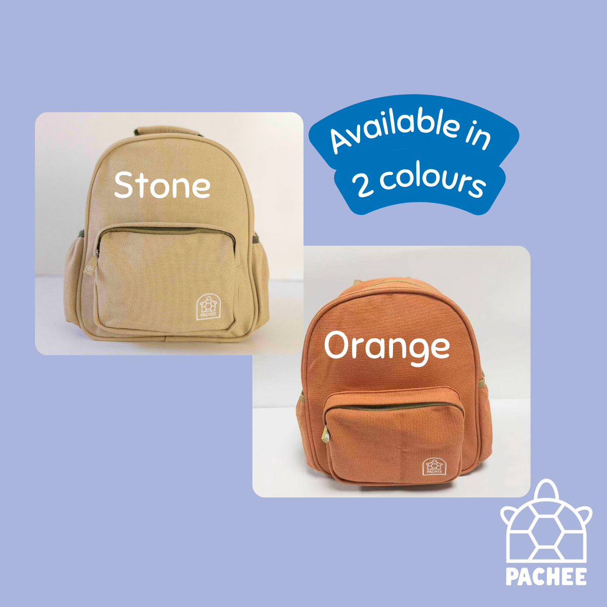 Two small backpacks shown on a light lavender background with text labels 'Stone' and 'Orange' and a blue badge reading 'Available in 2 colours.' The top-left backpack is a warm beige/stone color, and the bottom-right backpack is a muted orange.
