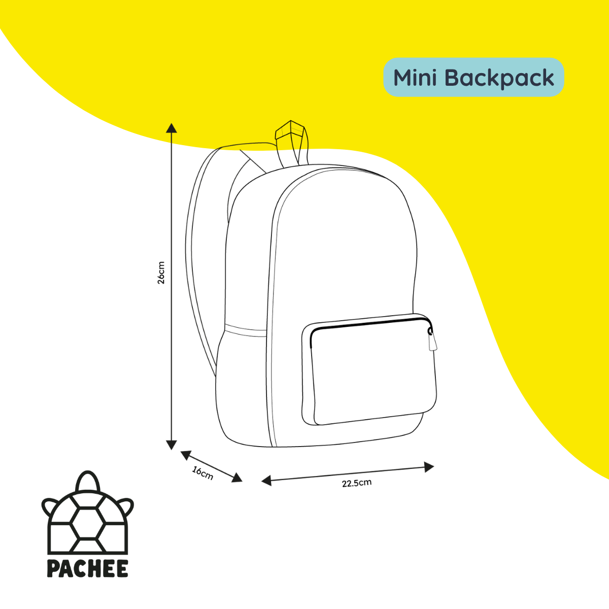 A line drawing of a mini backpack with dimension arrows and measurements labeled 24cm, 16cm, and 22.5cm on a white background with a large yellow abstract shape.