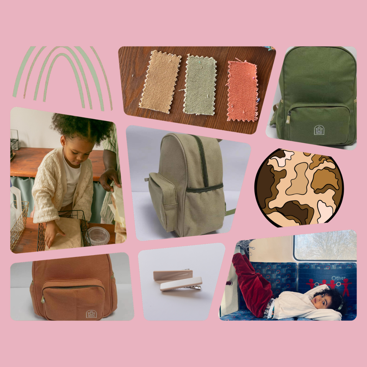 A collage of product photos featuring a small canvas backpack in multiple colors (olive green, khaki, brown, and pink camouflage) shown with lifestyle elements like a child wearing it, on a wooden table, and on a train, all set against a solid pink background.